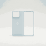 Google Pixel phone case in pale blue matte finish, with a slim flip-cover design, large camera cutout and central G logo