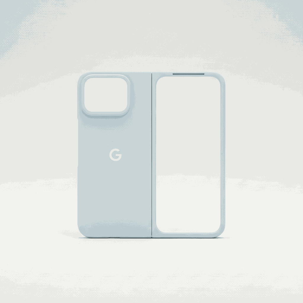 Google Pixel phone case in pale blue matte finish, with a slim flip-cover design, large camera cutout and central G logo