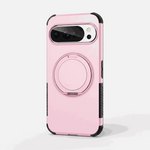 Google Pixel phone bumper case in pink with a textured finish, black reinforced corners and a circular rotating ring stand