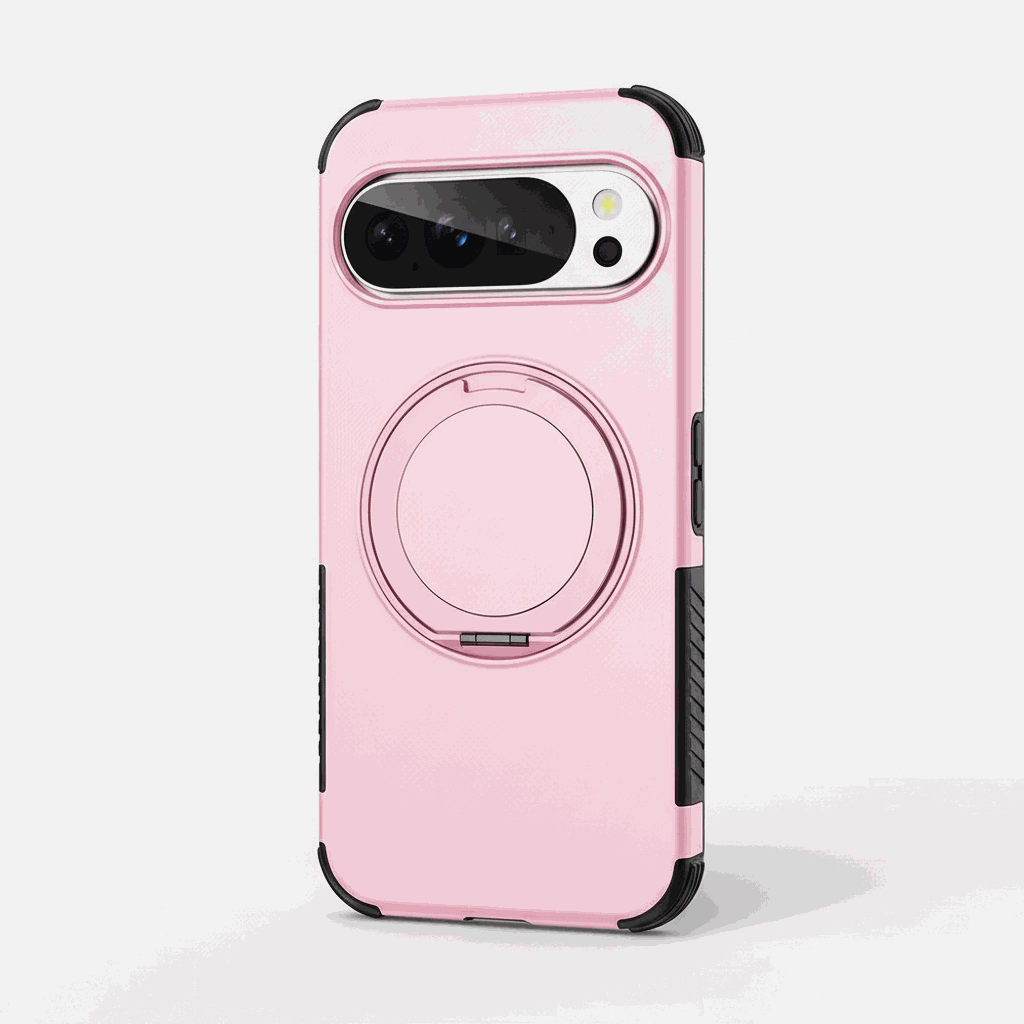 Google Pixel phone bumper case in pink with a textured finish, black reinforced corners and a circular rotating ring stand