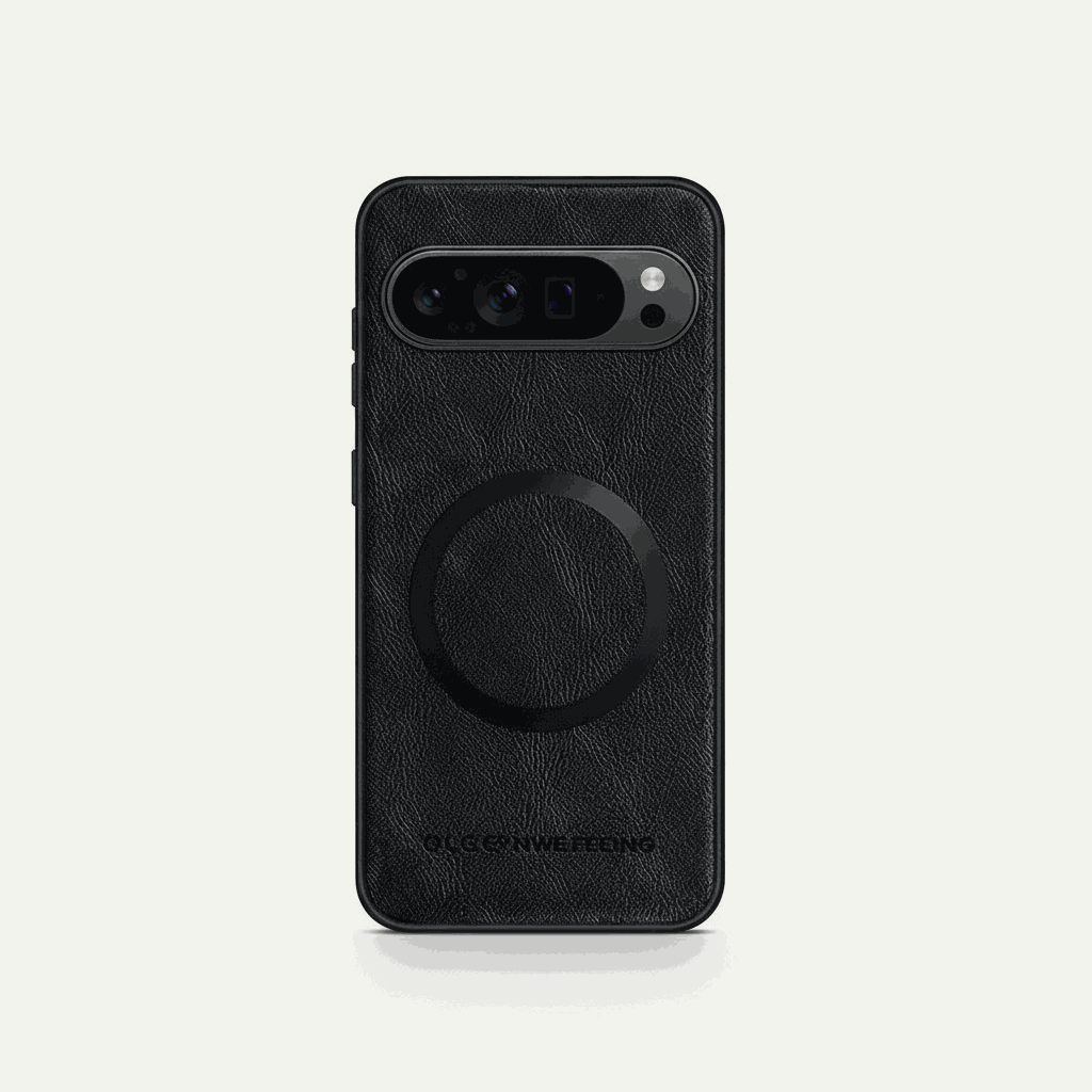 Google Pixel - Premium Leather Case in black textured leather with a circular back accent and precise camera cutout