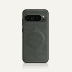 Google Pixel - Premium Leather Case in dark charcoal textured leather with a circular back accent and raised camera cutout