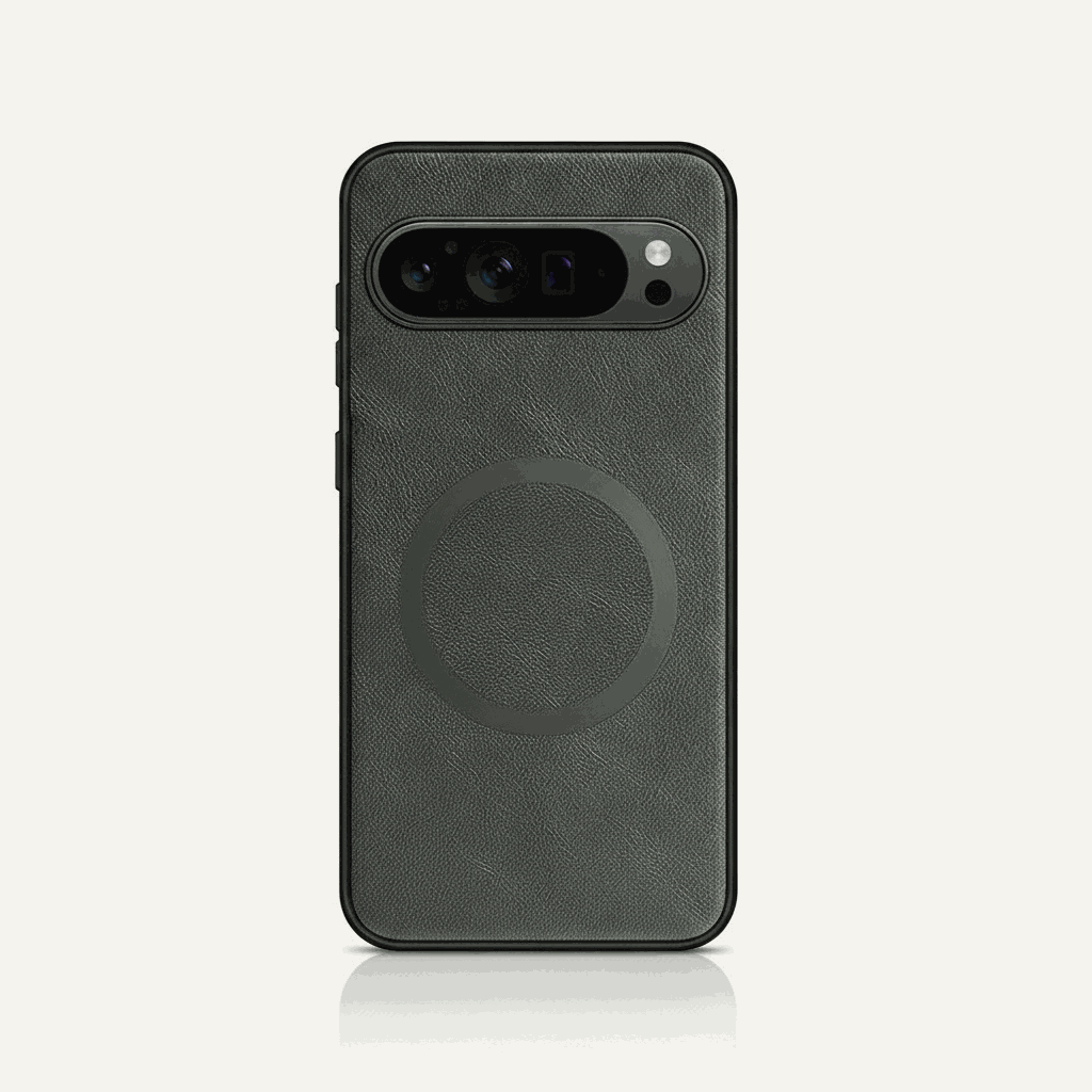 Google Pixel - Premium Leather Case in dark charcoal textured leather with a circular back accent and raised camera cutout