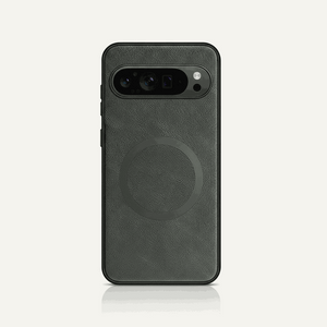 Google Pixel - Premium Leather Case in dark charcoal textured leather with a circular back accent and raised camera cutout