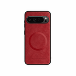 Google Pixel - Premium Leather Case in red textured material with a circular back accent and black camera cutout