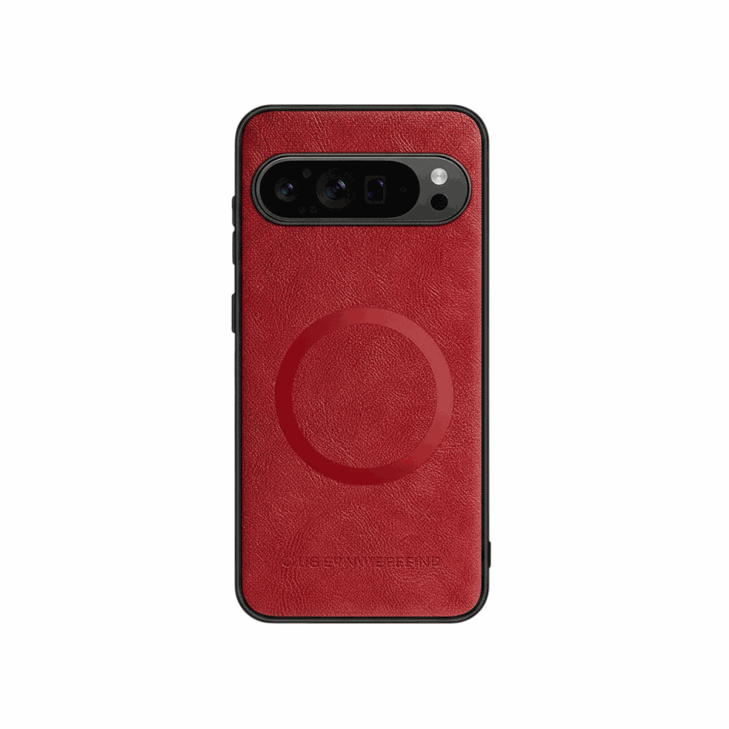 Google Pixel - Premium Leather Case in red textured material with a circular back accent and black camera cutout