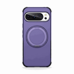 Google Pixel phone case in matte purple with black reinforced corners and a circular rotating magnetic ring stand