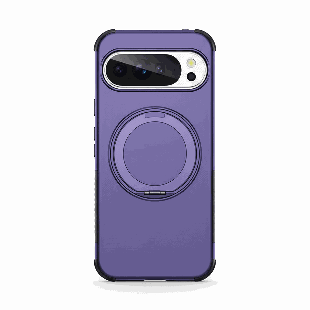 Google Pixel phone case in matte purple with black reinforced corners and a circular rotating magnetic ring stand