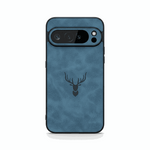 Google Pixel - Retro Leather-Look phone case in mottled blue with a matte leather-like texture and deer emblem