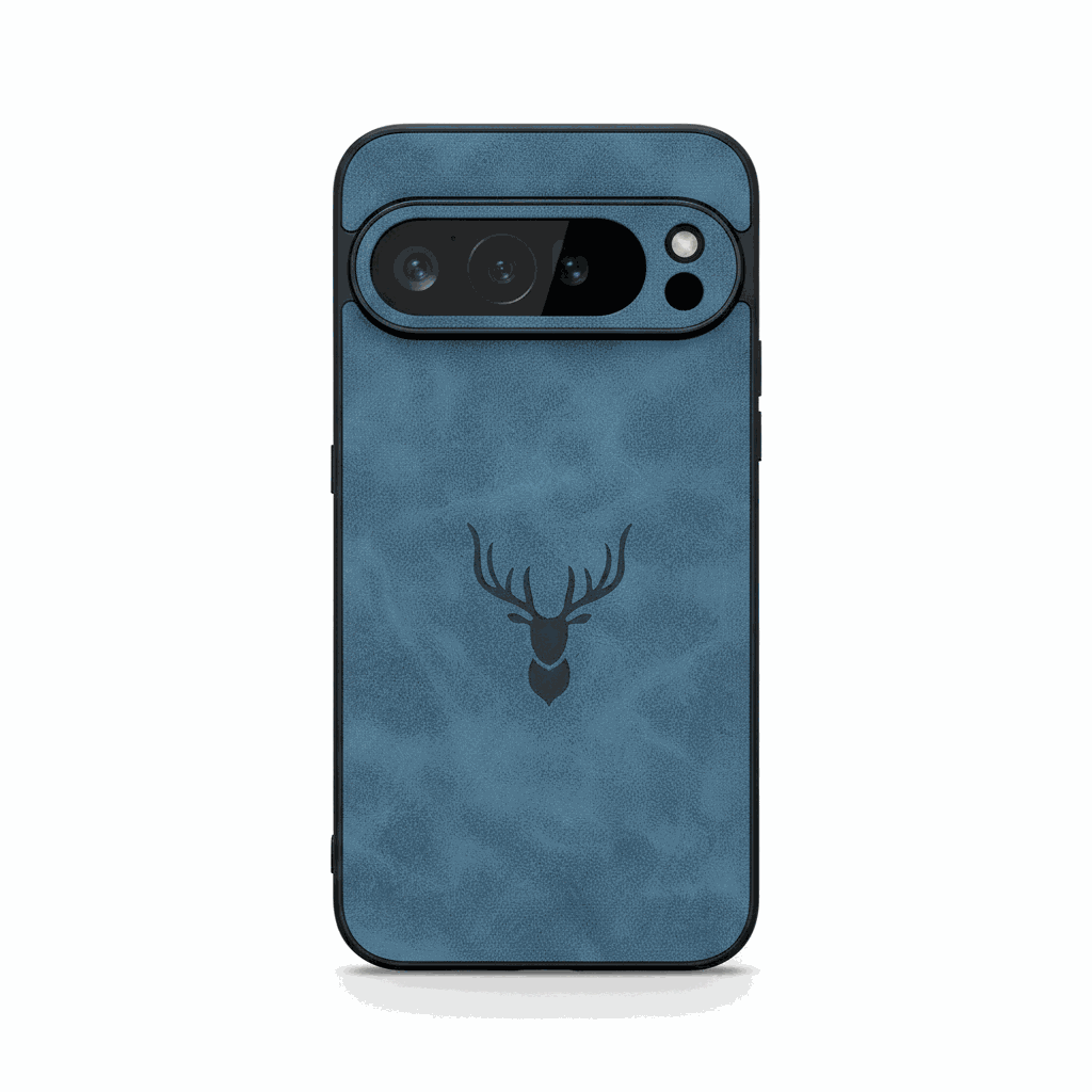 Google Pixel - Retro Leather-Look phone case in mottled blue with a matte leather-like texture and deer emblem