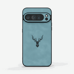 Google Pixel - Retro Leather-Look case in blue matte textured finish with black edges and a deer head emblem