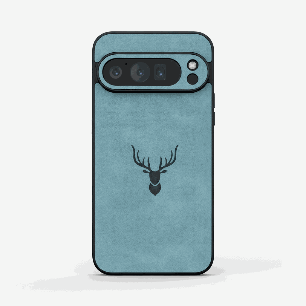 Google Pixel - Retro Leather-Look case in blue matte textured finish with black edges and a deer head emblem