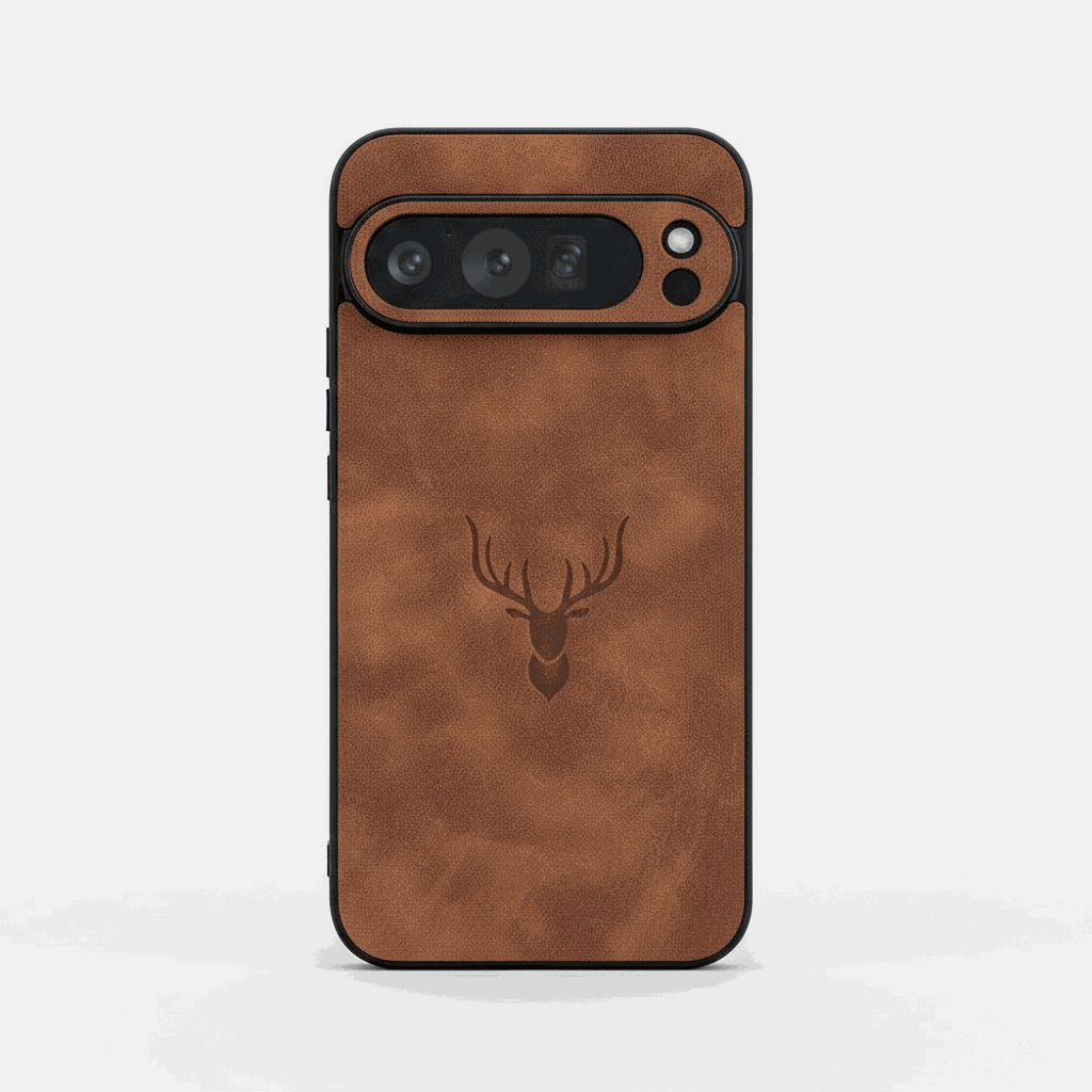 Google Pixel - Retro Leather-Look phone case in brown textured matte leather-style finish with a dark deer emblem and camera cutouts