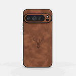 Google Pixel - Retro Leather-Look phone case in brown textured matte leather-style finish with a dark deer emblem and camera cutouts