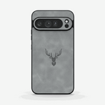 Google Pixel - Retro Leather-Look phone case in grey textured matte material, with black edges and a deer head emblem