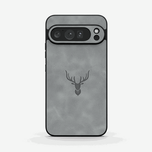 Google Pixel - Retro Leather-Look phone case in grey textured matte material, with black edges and a deer head emblem