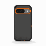 Google Pixel rugged phone case in charcoal black with matte finish, reinforced corners and bright orange camera trim