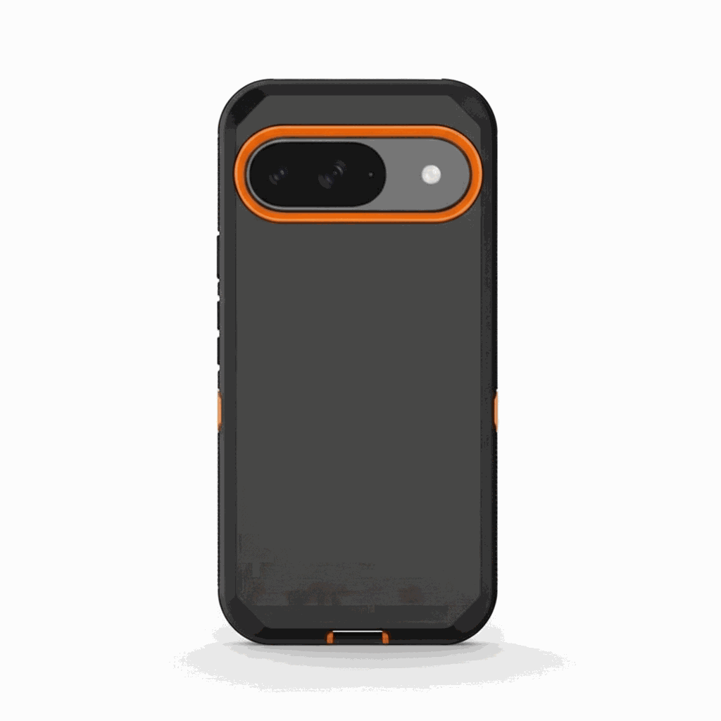 Google Pixel rugged phone case in charcoal black with matte finish, reinforced corners and bright orange camera trim