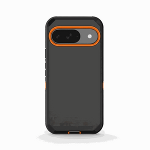 Google Pixel rugged phone case in charcoal black with matte finish, reinforced corners and bright orange camera trim