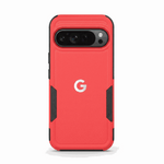 Google Pixel - Rugged Phone Case in coral red with a smooth matte back, black textured side grips and raised camera edges
