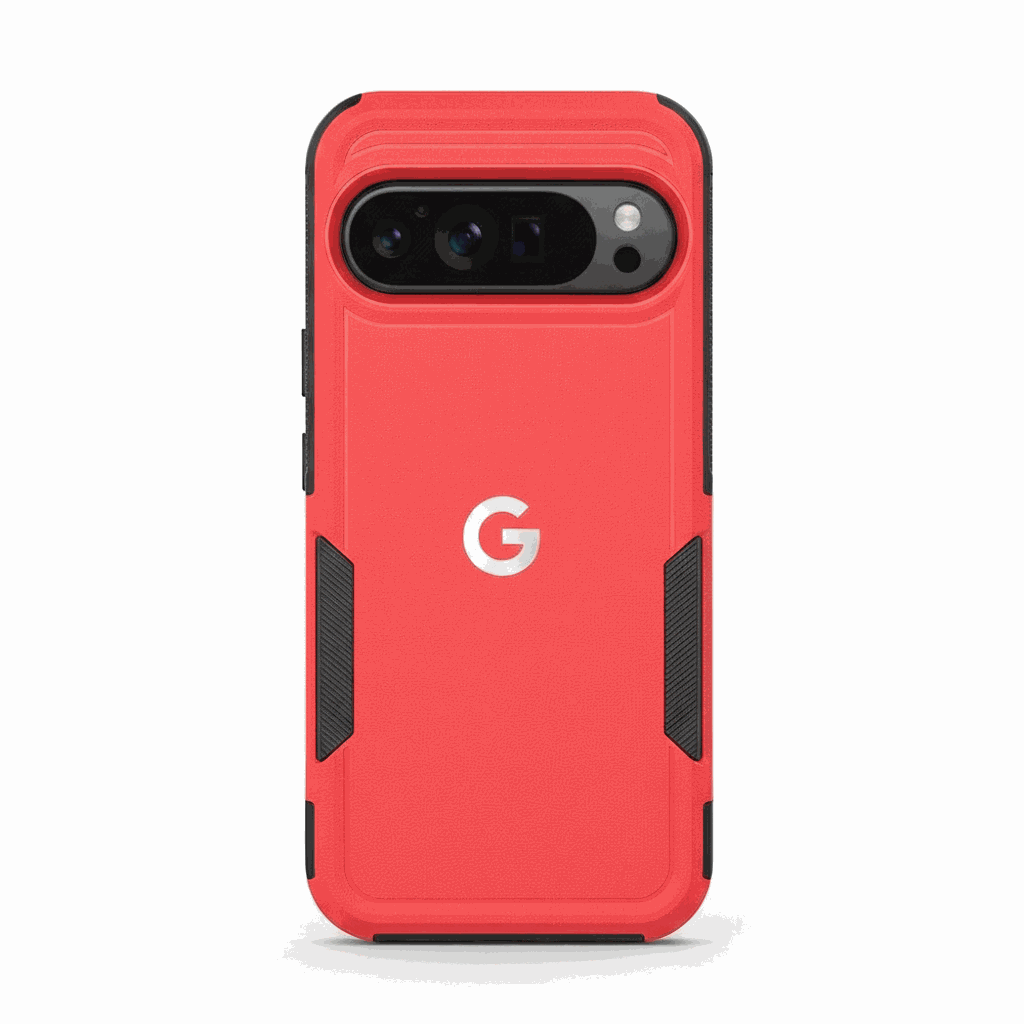 Google Pixel - Rugged Phone Case in coral red with a smooth matte back, black textured side grips and raised camera edges