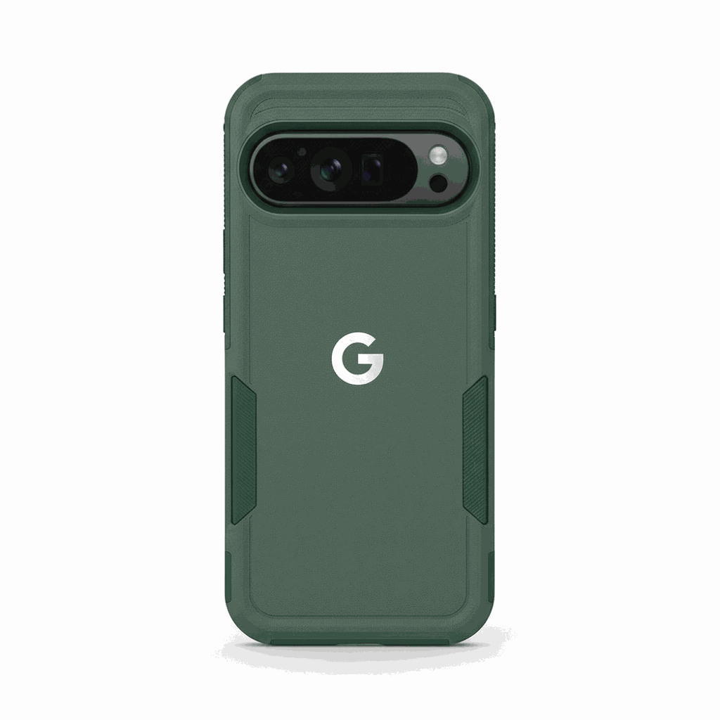 Google Pixel - Rugged Phone Case in dark green with a matte back, textured side grips, raised camera border and white G logo