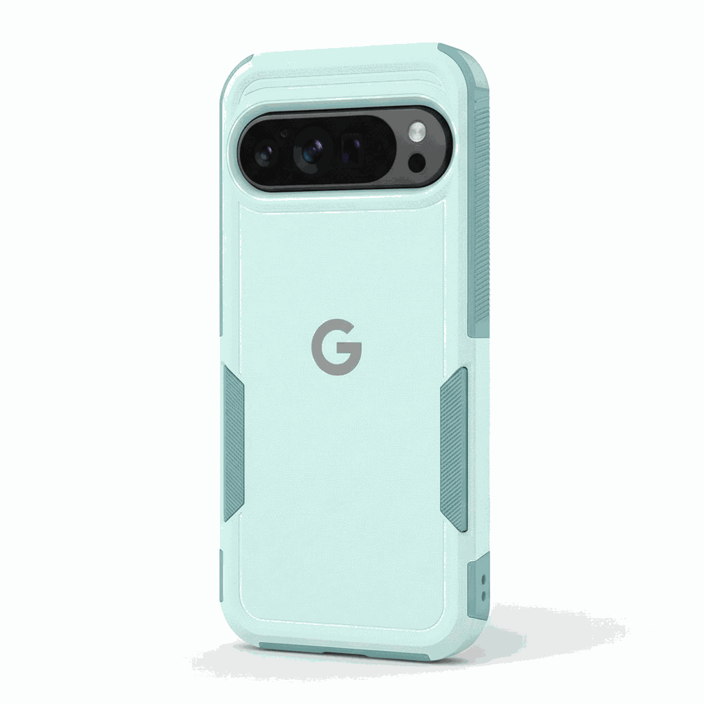 Google Pixel - Rugged Phone Case in pale mint with a smooth matte back, textured side grips and raised camera edges