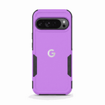 Google Pixel - Rugged Phone Case in purple with a smooth matte back, black textured side grips, and raised camera edge