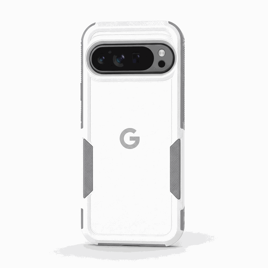 Google Pixel - Rugged Phone Case in white with a smooth backplate, grey textured side grips and raised camera protection
