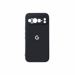 Google Pixel - Silicone Case in black with a smooth matte finish, raised camera cutout and centered white logo