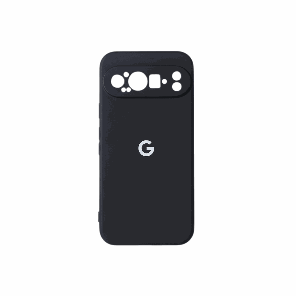 Google Pixel - Silicone Case in black with a smooth matte finish, raised camera cutout and centered white logo