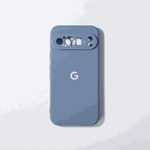 Google Pixel - Silicone Case in muted blue with a matte finish, raised camera cutout and white G logo