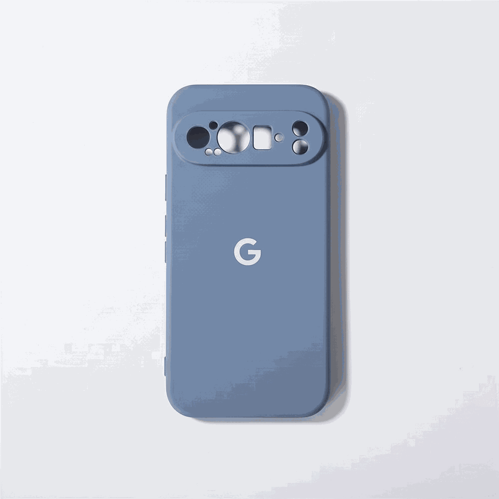 Google Pixel - Silicone Case in muted blue with a matte finish, raised camera cutout and white G logo