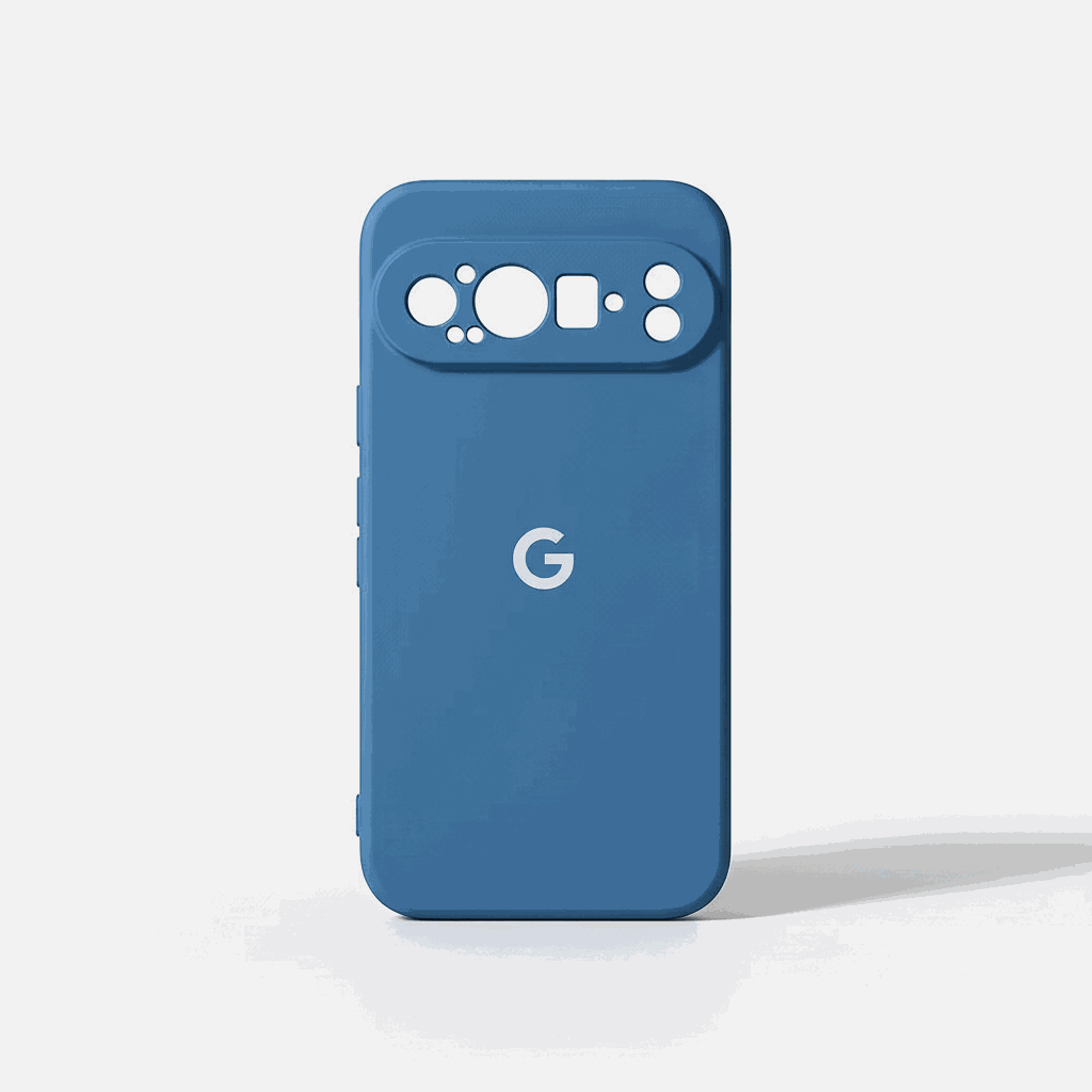 Google Pixel - Silicone Case in blue with a smooth matte finish, raised camera surround and white G logo