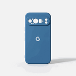 Google Pixel - Silicone Case in blue with a smooth matte finish, raised camera surround and white G logo