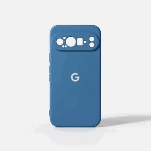 Google Pixel - Silicone Case in blue with a smooth matte finish, raised camera surround and white G logo