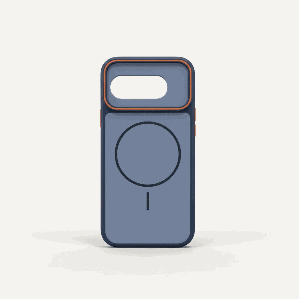 Google Pixel case in slate blue with a frosted matte back, dark bumper edges, orange trim and a magnetic ring