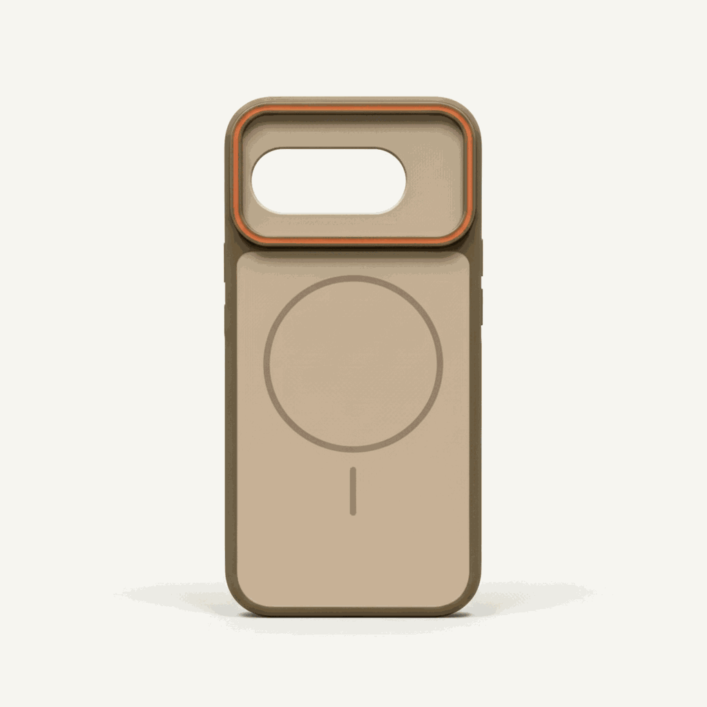 Google Pixel phone case in tan frosted finish with dark bumper edges, circular magnetic ring and raised camera surround