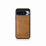 Google Pixel wallet case in tan leather-look material with stitched card pockets and a black protective edge
