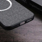 Google Pixel - Textured Magnetic MagSafe Phone Case in charcoal woven-look fabric with a silver magnetic ring and black edges