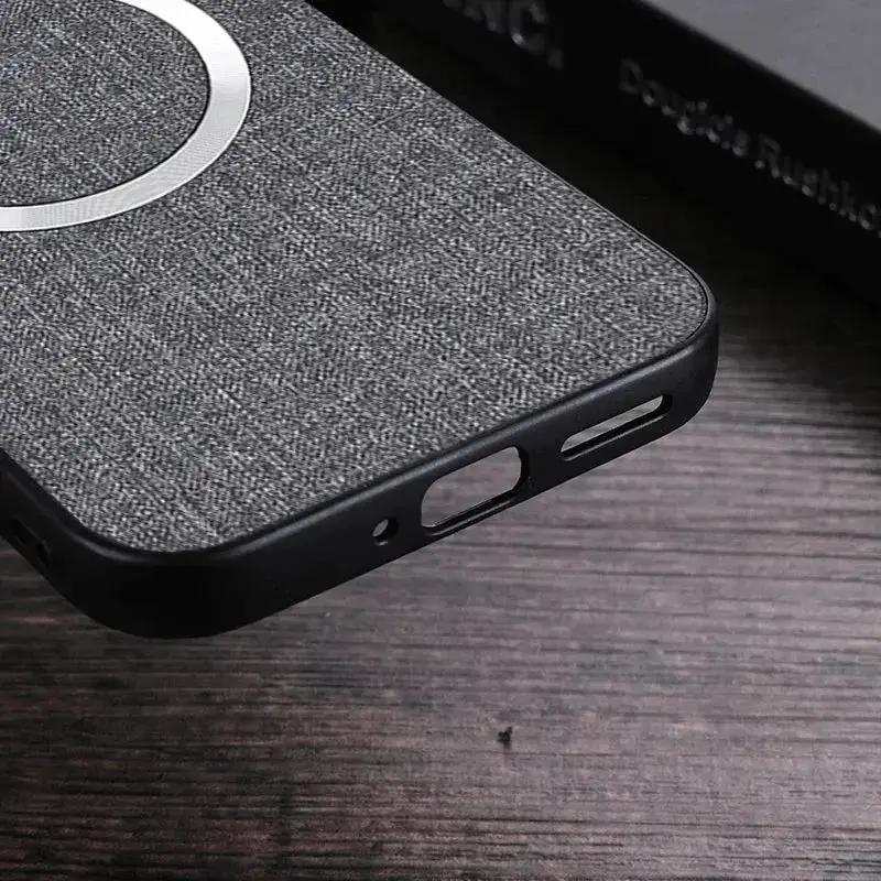 Google Pixel - Textured Magnetic MagSafe Phone Case in charcoal woven-look fabric with a silver magnetic ring and black edges