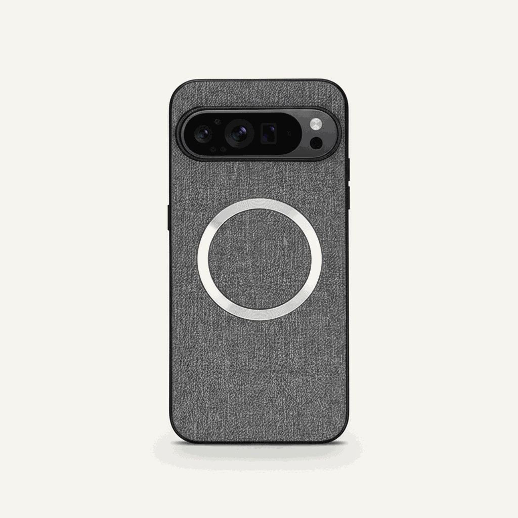 Google Pixel - Textured Magnetic MagSafe Phone Case in charcoal gray woven texture with a silver magnetic ring and camera cutout