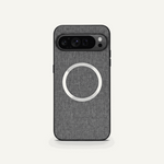 Google Pixel - Textured Magnetic MagSafe Phone Case in charcoal gray woven texture with a silver magnetic ring and camera cutout