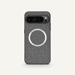 Google Pixel - Textured Magnetic MagSafe Phone Case in charcoal gray woven texture with a silver magnetic ring and camera cutout