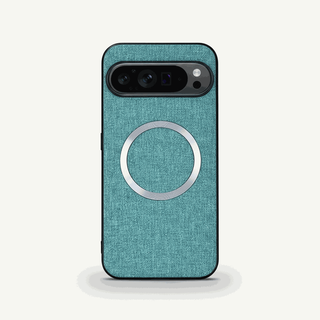 Google Pixel - Textured Magnetic MagSafe Phone Case in teal woven-look material with a silver magnetic ring and black camera cutout