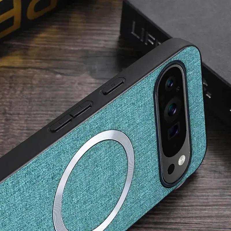 Google Pixel - Textured Magnetic MagSafe Phone Case in teal woven-texture with black edges and a silver magnetic ring
