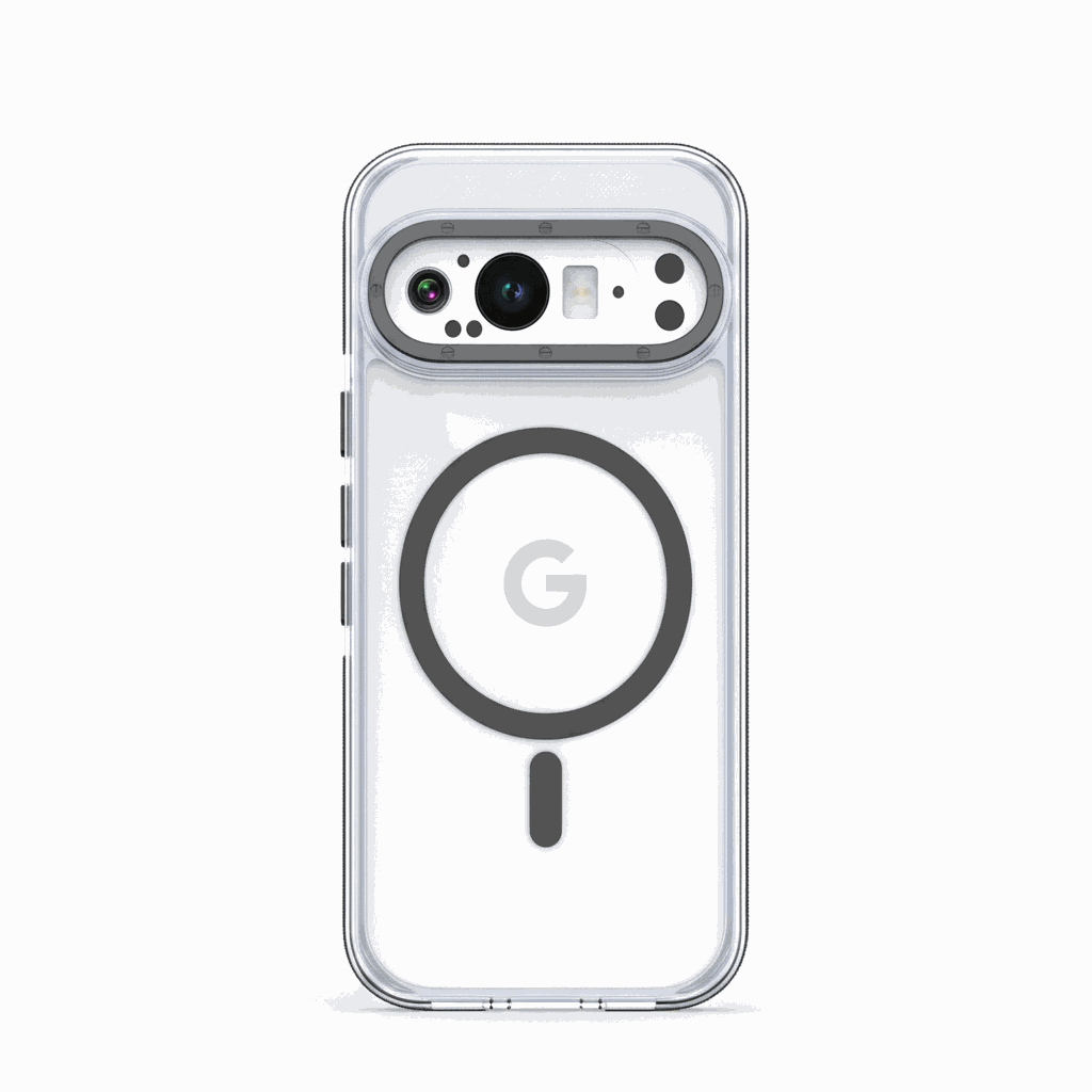 Google Pixel - Transparent Magnetic Scratch Resistant Case with a clear shell, gray magnetic ring, and elongated camera cutout