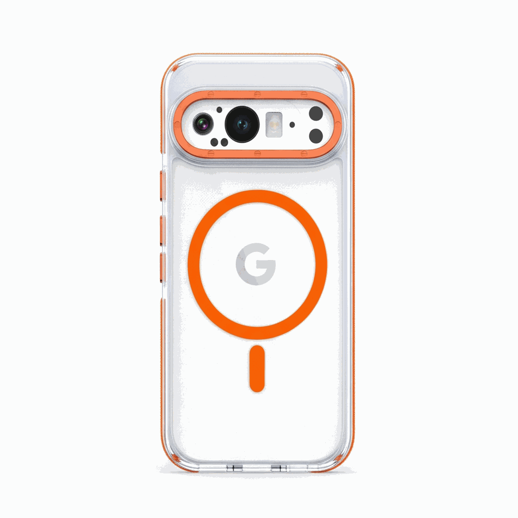 Google Pixel - Transparent Magnetic Scratch Resistant Case with a clear shell, bright orange magnetic ring and camera trim
