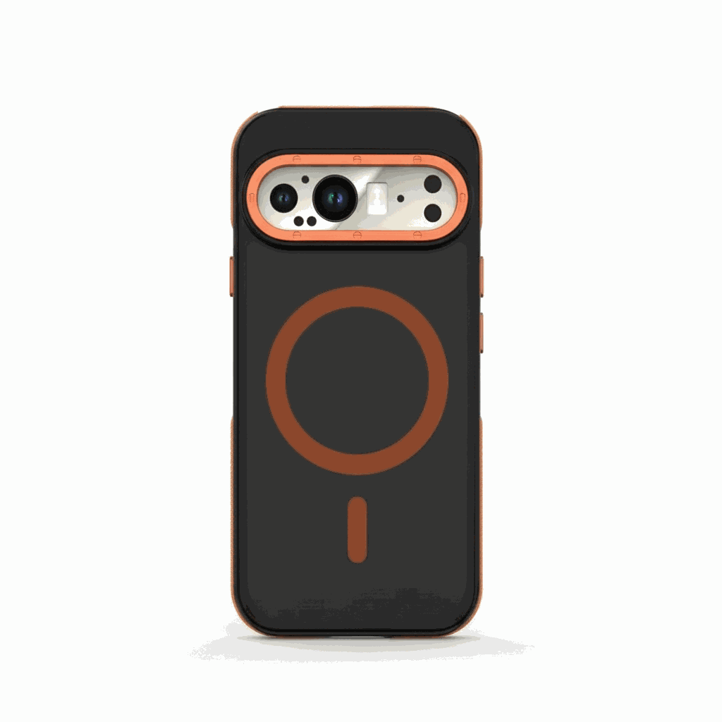 Google Pixel - Transparent Magnetic Scratch Resistant Case in dark translucent black with orange magnetic ring, raised camera rim and textured sides