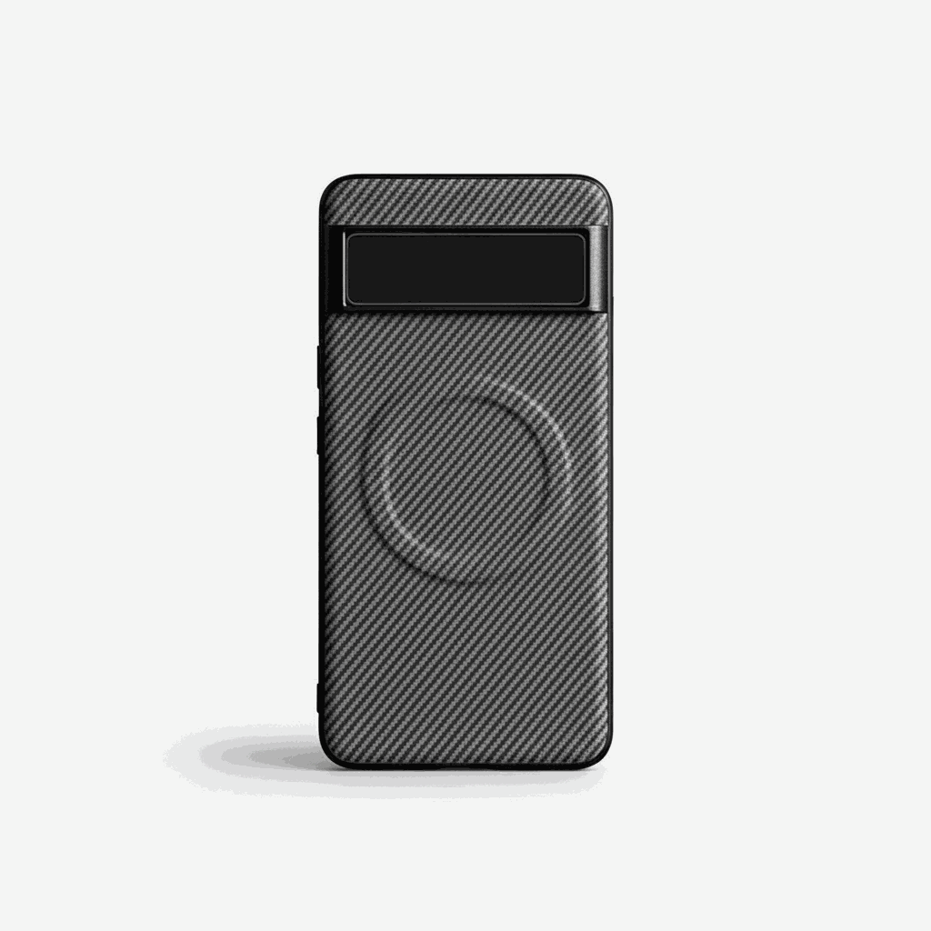 Google Pixel - Woven-Look black case with diagonal textured weave, raised bumper edges and a circular magnetic ring